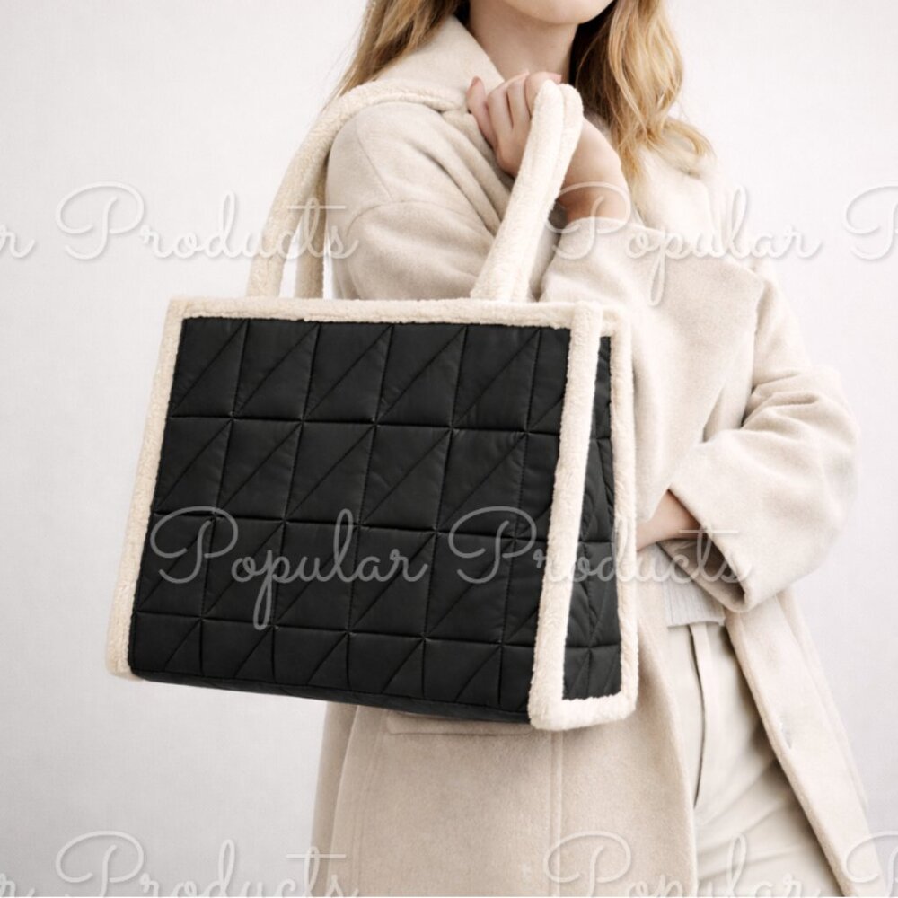 Modern Quilted Sherpa Trim Tote Bag, Black
